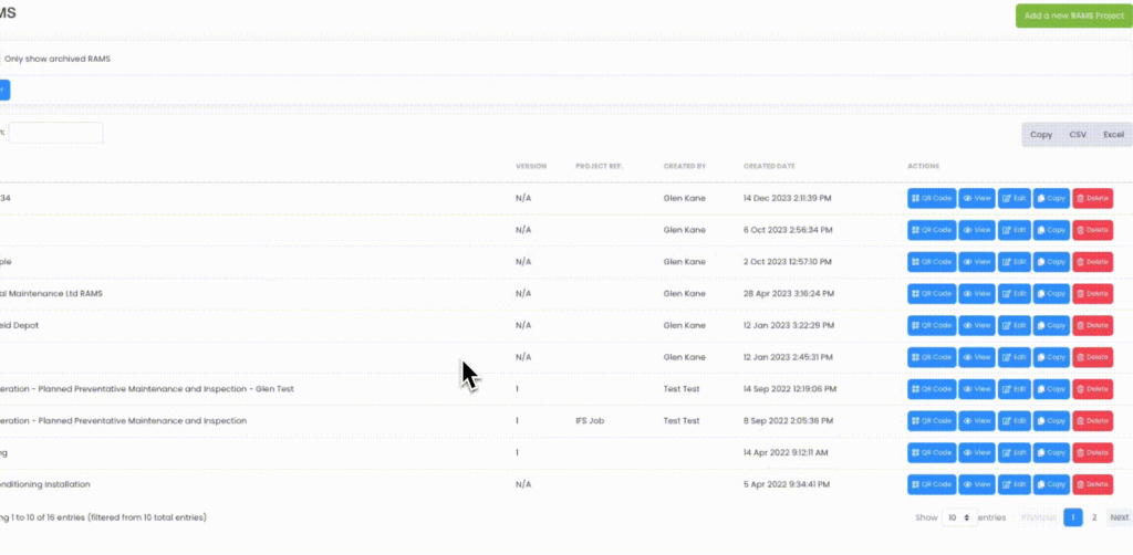 Evalu-8 RAMS project list with version, creator, date and actions for each RAMS