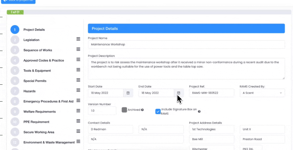 Evalu-8 RAMS builder on the Project Details step, with dates, version number and contact details