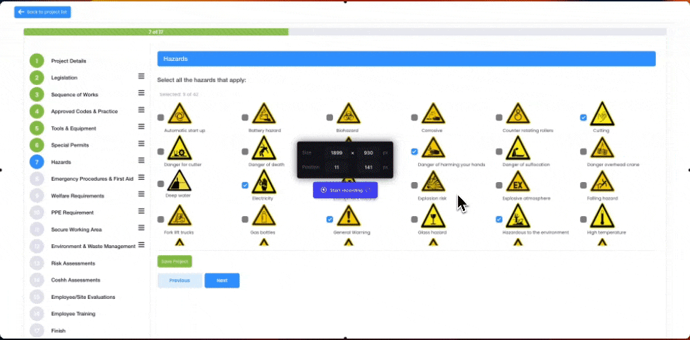 Evalu-8 RAMS builder on the Hazards step, choosing from hazard warning symbols
