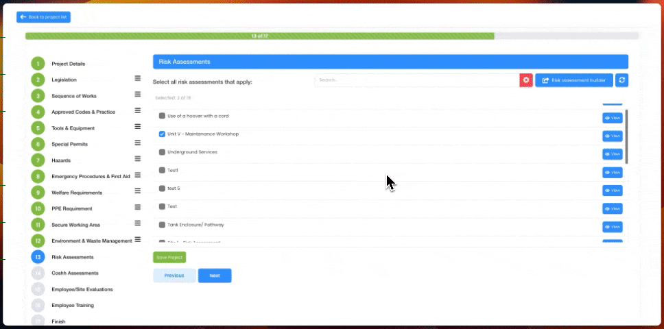 Evalu-8 RAMS builder on the Risk Assessments step, selecting assessments to include