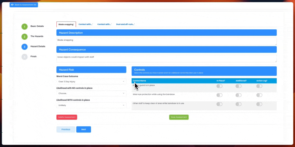 Evalu-8 risk assessment on the Hazard Details step, with hazard risk ratings and controls