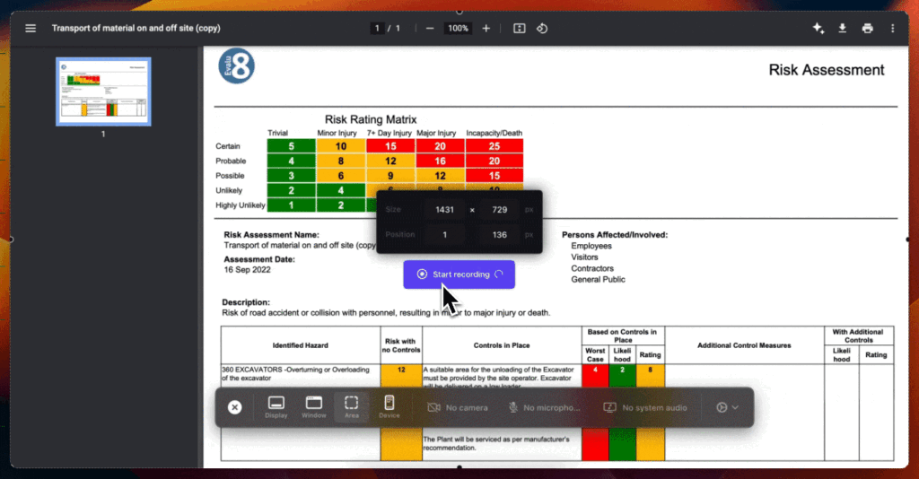 Finished Evalu-8 risk assessment PDF with a risk rating matrix and hazard table