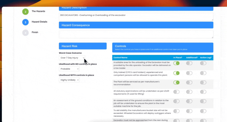 Evalu-8 risk assessment Hazard Details step, rating the risk and ticking the controls in place
