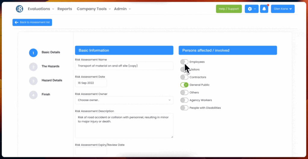 Evalu-8 risk assessment Basic Information step, choosing the persons affected