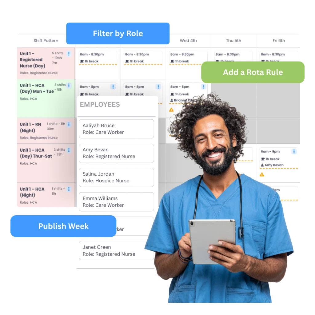 Smiling healthcare worker with a tablet in front of Evalu-8 HR's shift-pattern rota