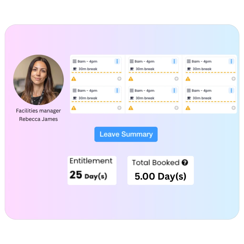 Evalu-8 HR leave summary for a facilities manager: 25 days' entitlement, 5 booked