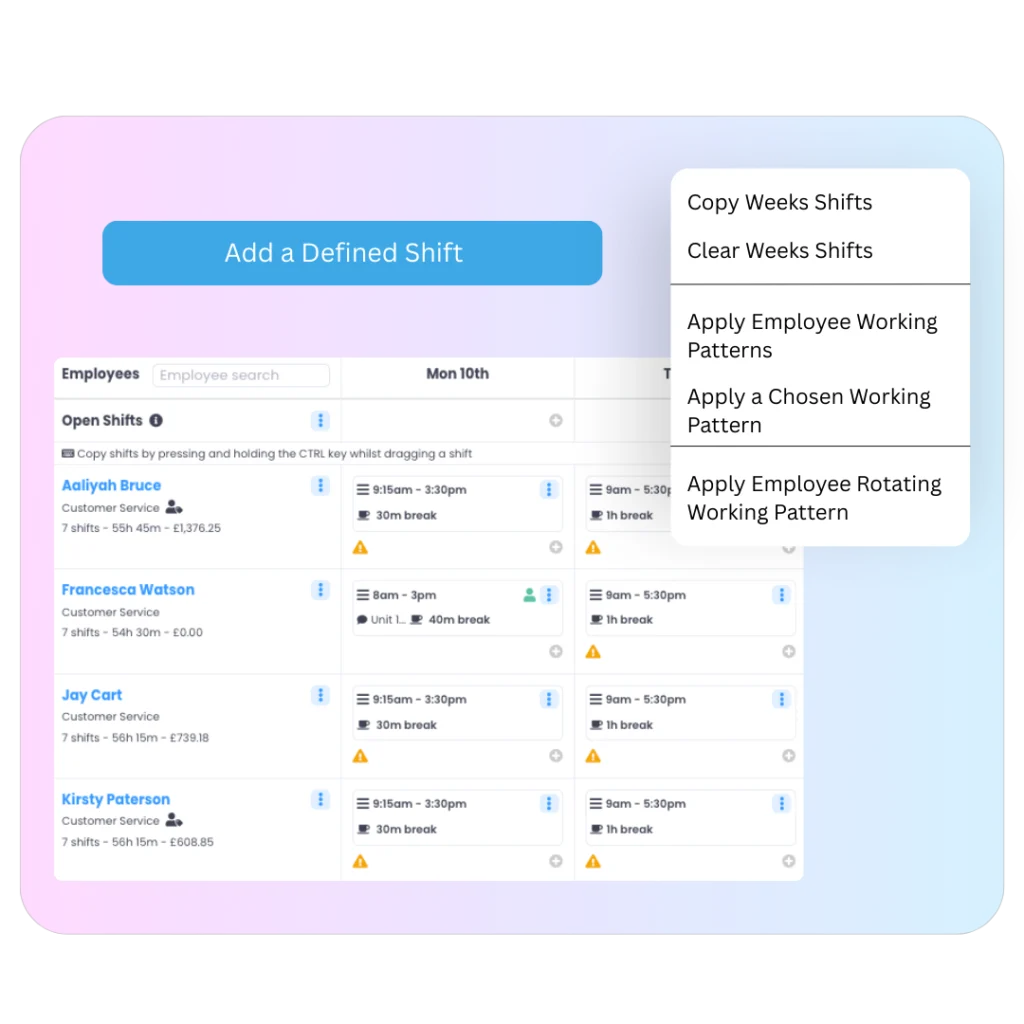 Evalu-8 HR rota with open shifts and options to copy the week's shifts or apply working patterns