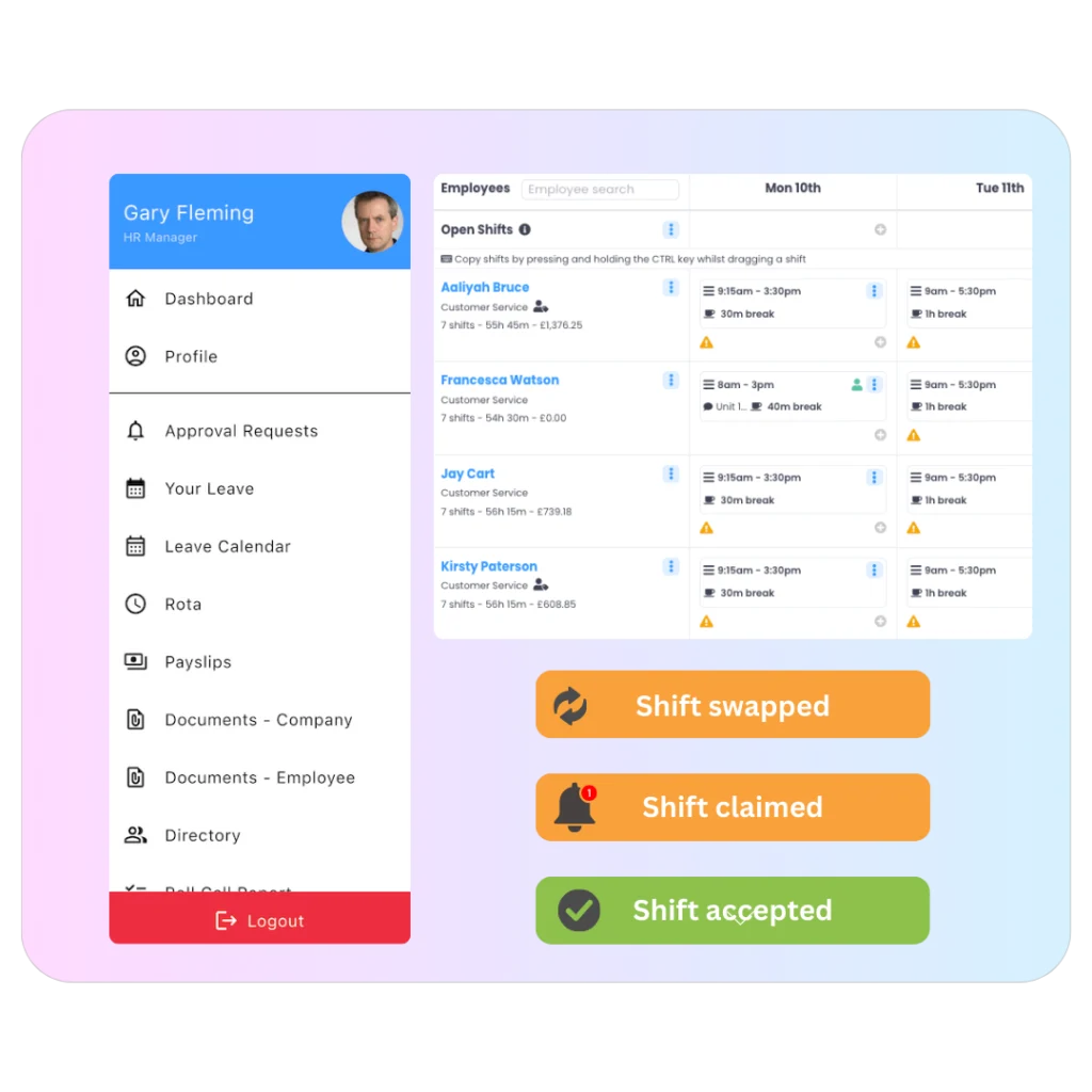 Evalu-8 HR employee menu and rota with shift swapped, shift claimed and shift accepted notifications