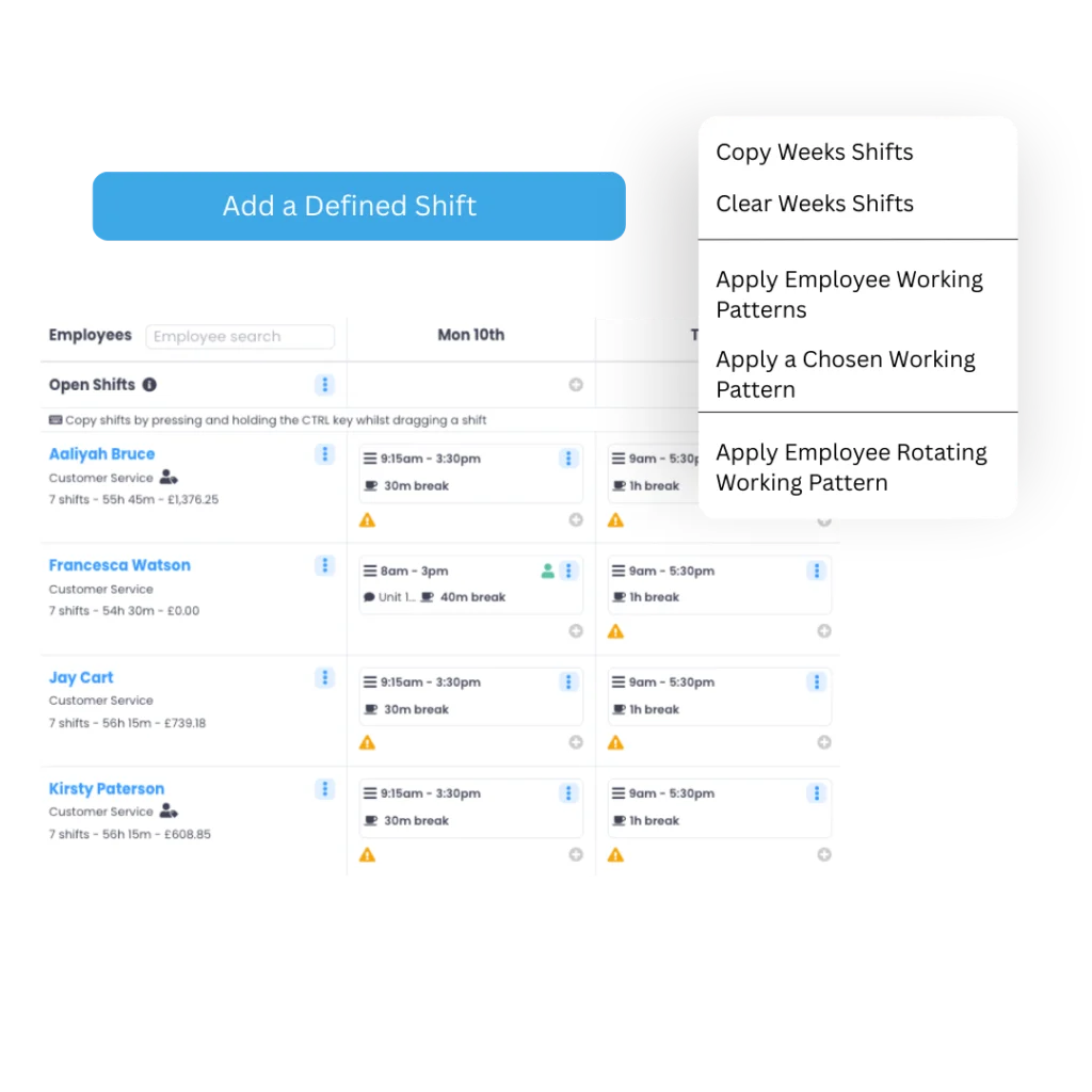 Evalu-8 HR rota with open shifts and options to copy the week's shifts or apply working patterns