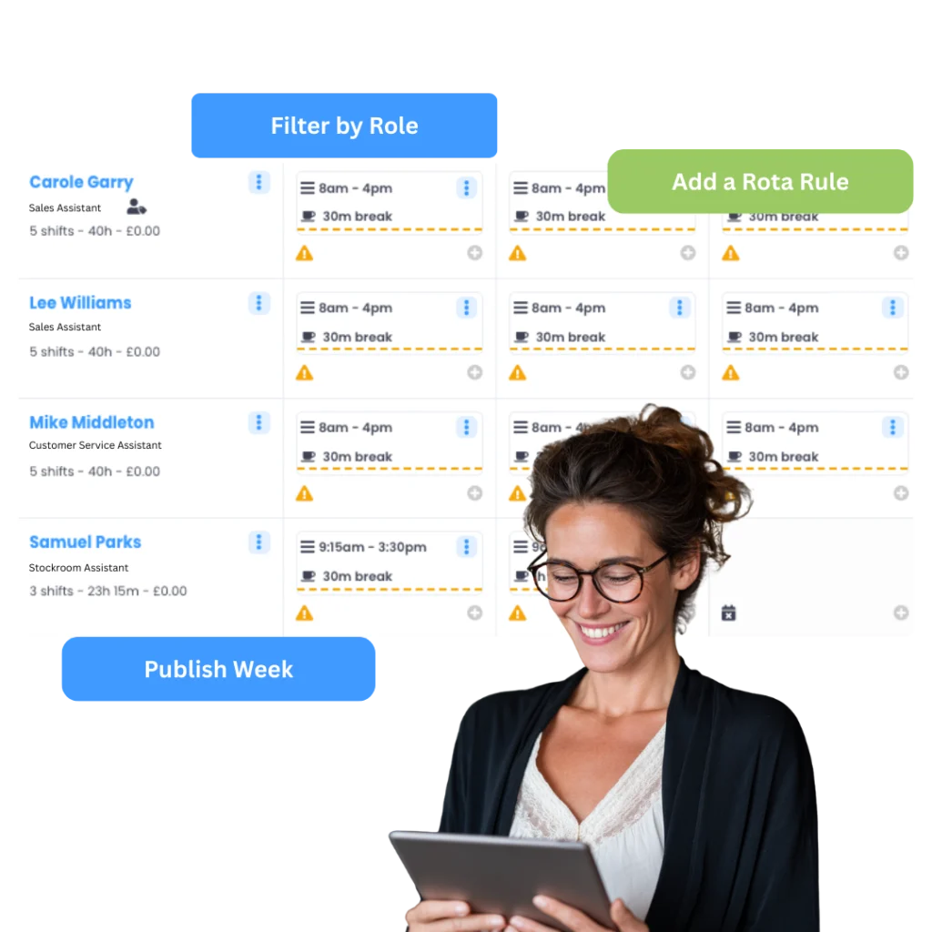 Smiling woman with a tablet in front of an Evalu-8 HR rota with shift hours and breaks