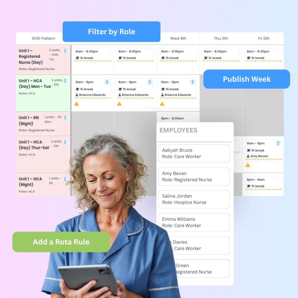 Nurse holding a tablet in front of Evalu-8 HR's shift-pattern rota with Filter by Role and Publish Week