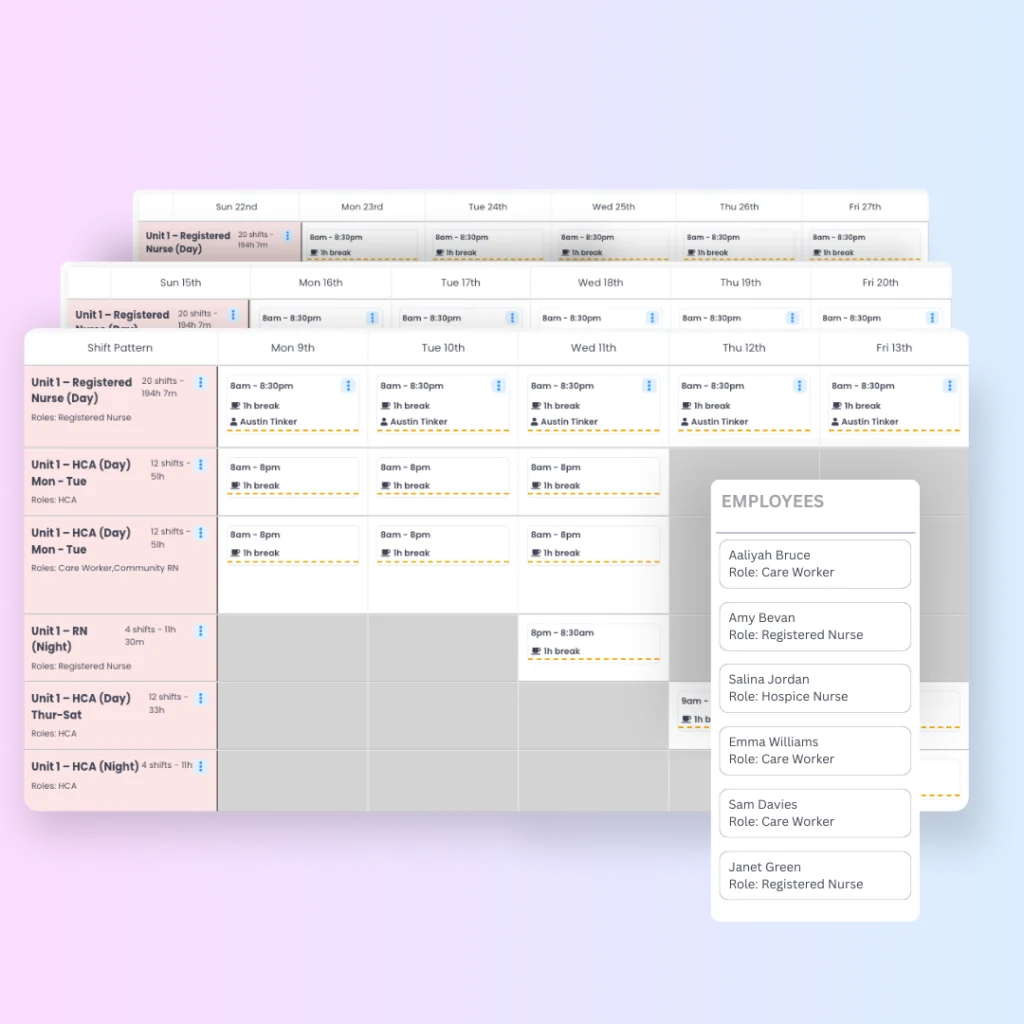 Evalu-8 HR multi-week rota with shift patterns and an employee list