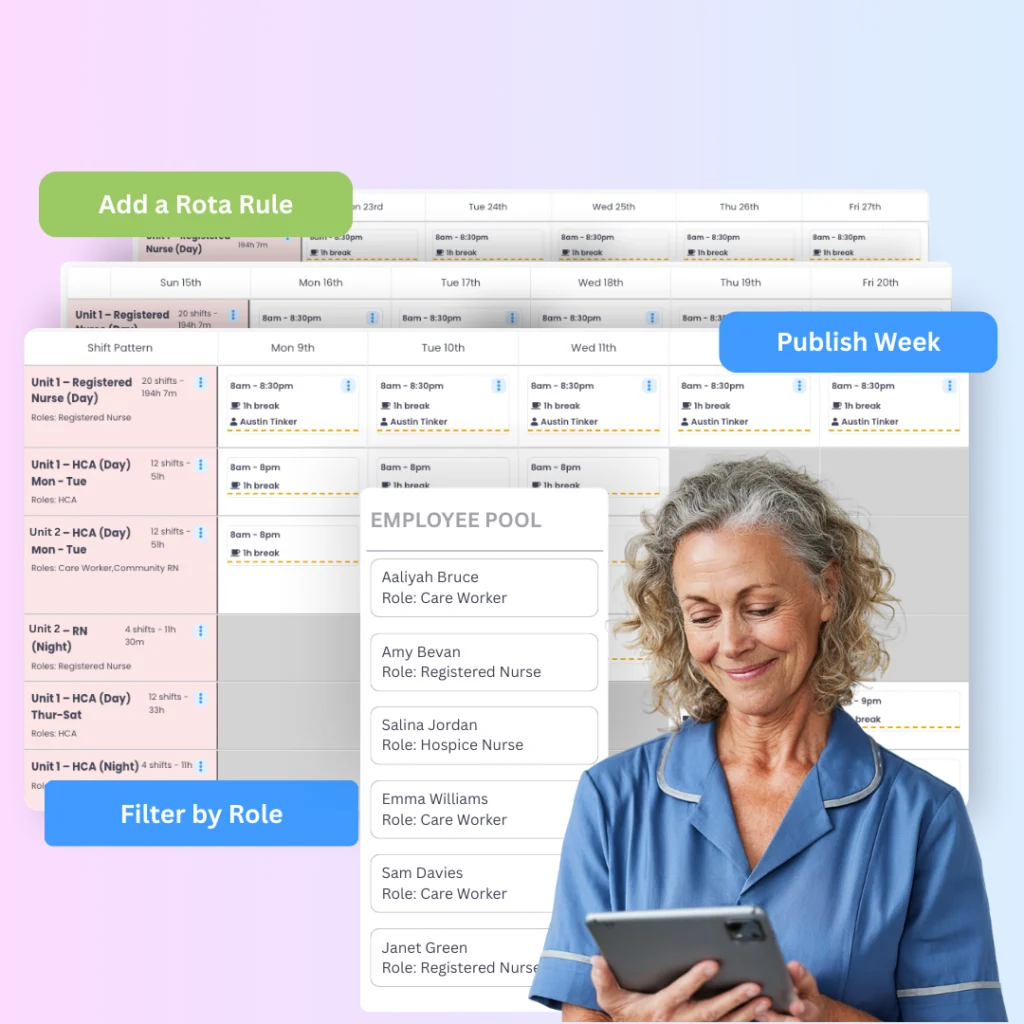Nurse with a tablet in front of Evalu-8 HR's multi-unit rota, employee pool, Add a Rota Rule and Publish Week