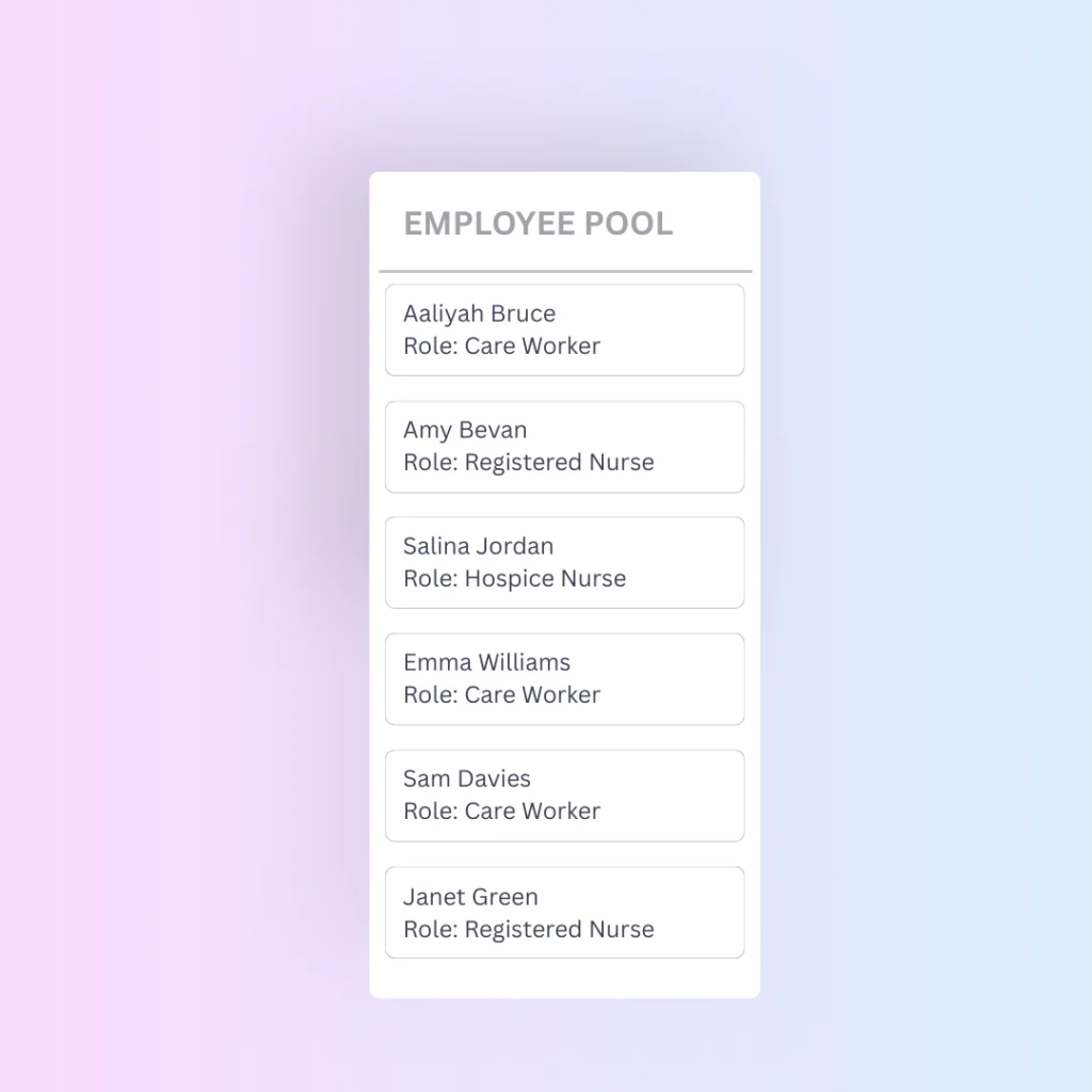Evalu-8 HR employee pool listing care workers, registered nurses and a hospice nurse