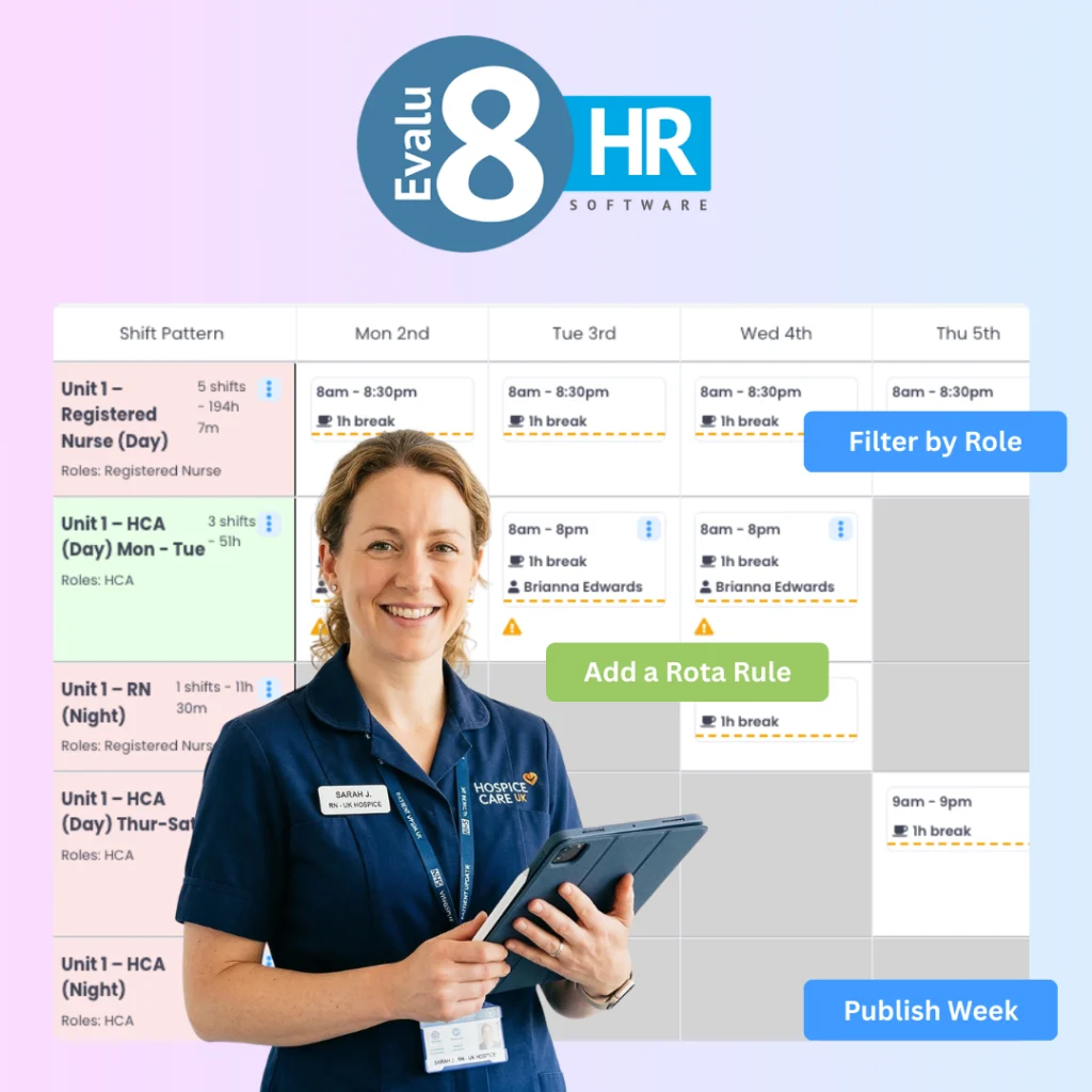 Evalu-8 HR logo above a smiling nurse with a tablet in front of a shift-pattern rota