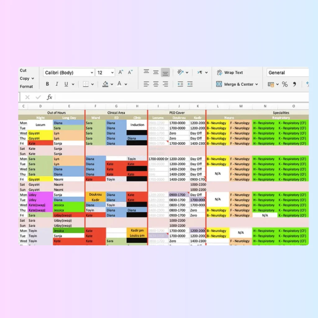 Complex colour-coded rota spreadsheet in Excel