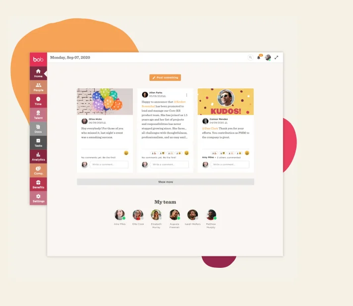 HiBob home feed with team posts, kudos and a My team panel