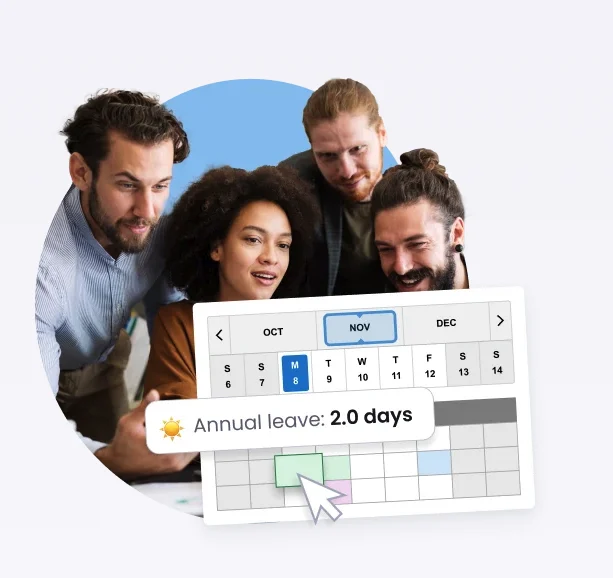 Four colleagues looking at a screen beside a calendar showing 2 days' annual leave