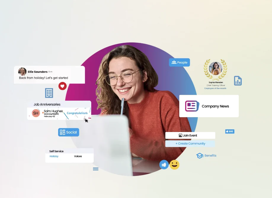 Smiling woman at a laptop surrounded by company news, job anniversaries and social feed cards