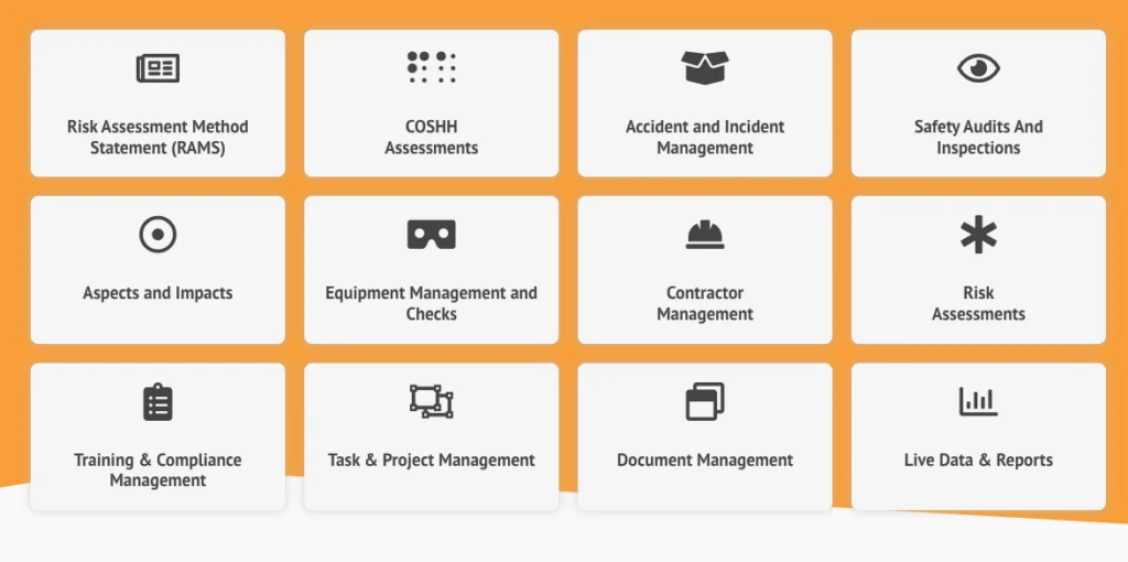 Grid of Evalu-8 EHS modules, from RAMS and COSHH to document management and live data reports
