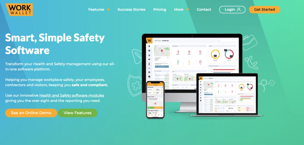 Work Wallet home page: smart, simple safety software on desktop, laptop and phone