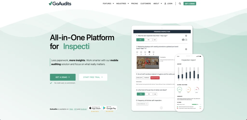 GoAudits home page: all-in-one platform, with an inspection form and report on a phone