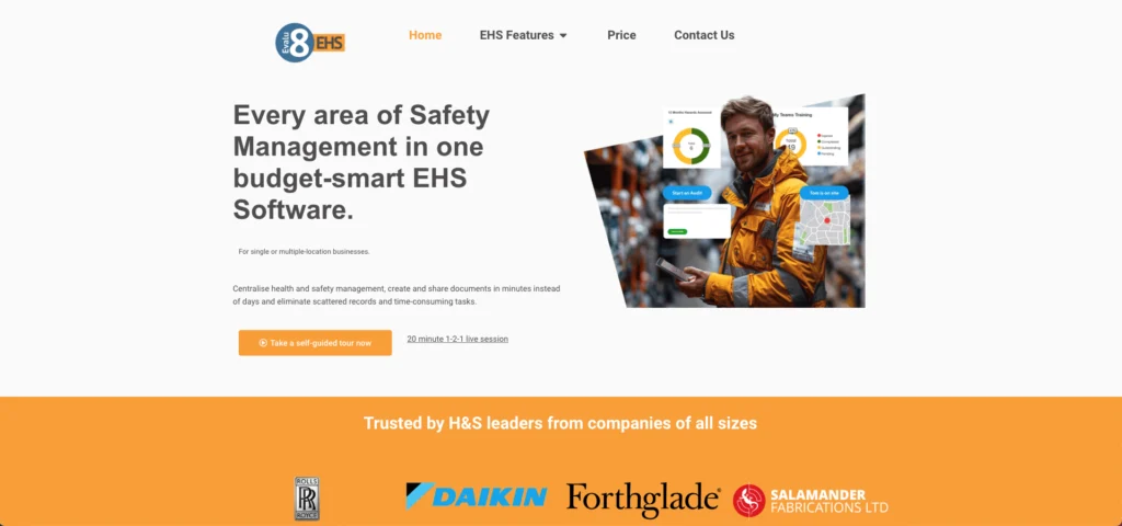 Evalu-8 EHS home page: every area of safety management in one budget-smart EHS software, with customer logos