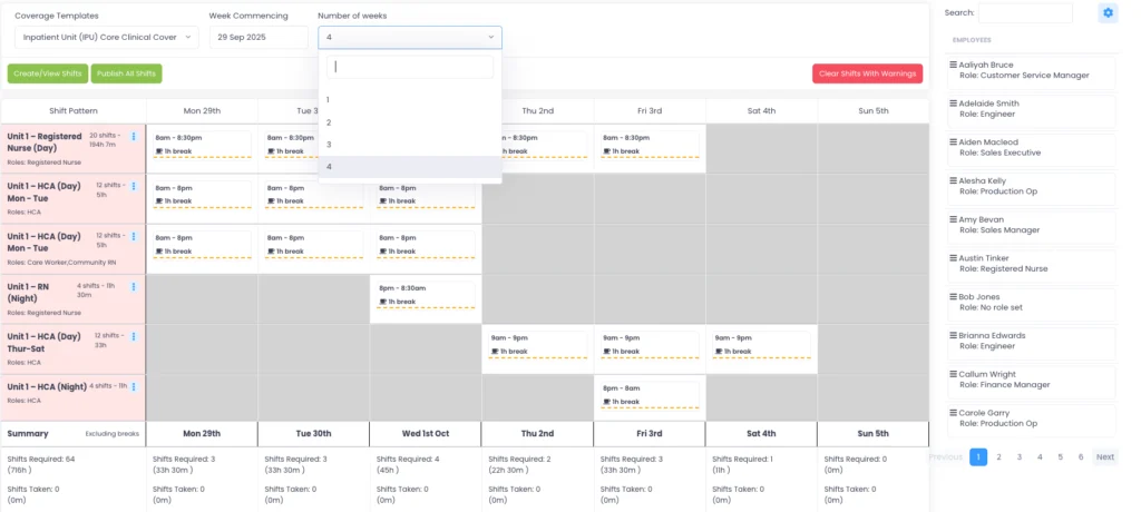 Evalu-8 HR coverage template set to repeat over 4 weeks, with shift patterns and an employee list