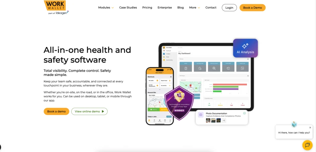 Work Wallet home page: all-in-one health and safety software, shown on a tablet and phone