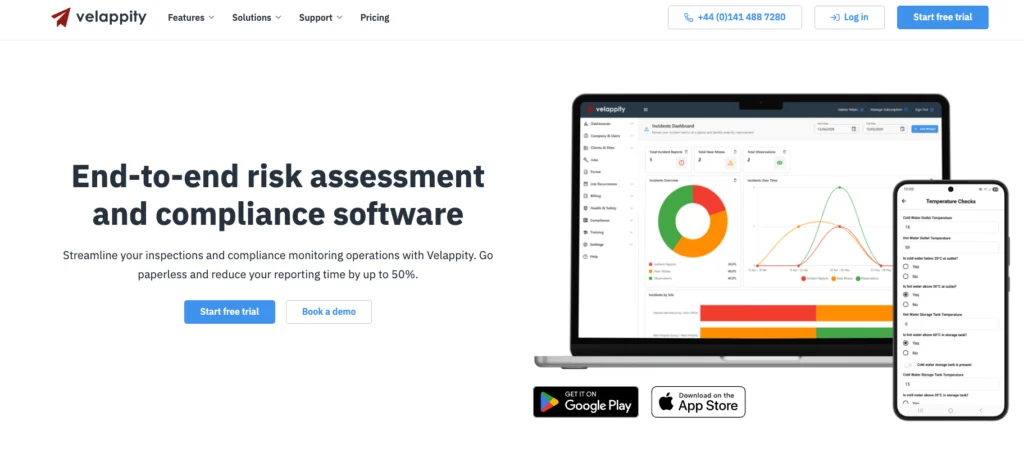 Velappity home page: end-to-end risk assessment and compliance software on a laptop and phone
