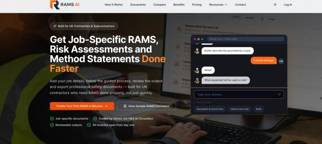 RAMS AI home page: get job-specific RAMS, risk assessments and method statements done faster, with a chat assistant