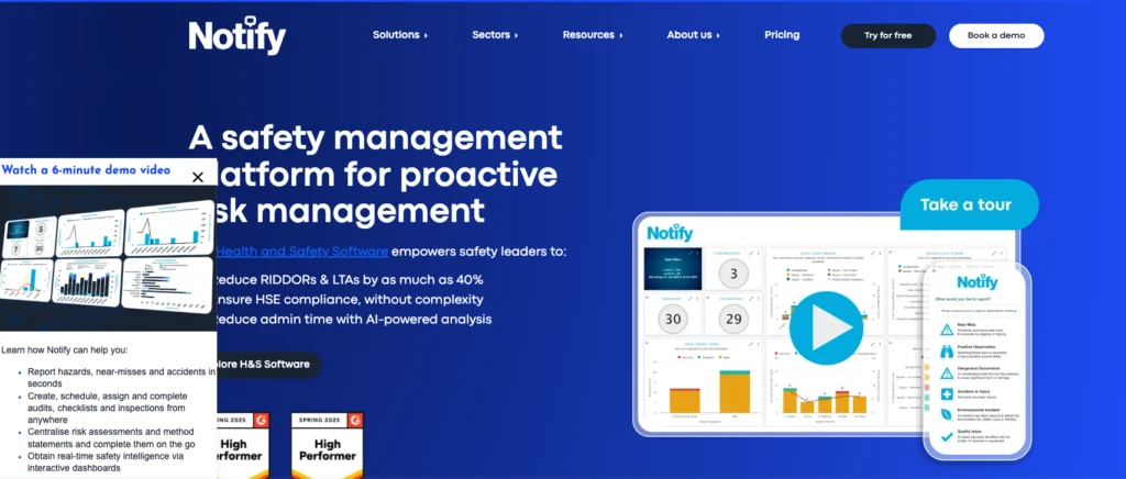 Notify Technology home page: a safety management platform for proactive risk management, with a dashboard preview