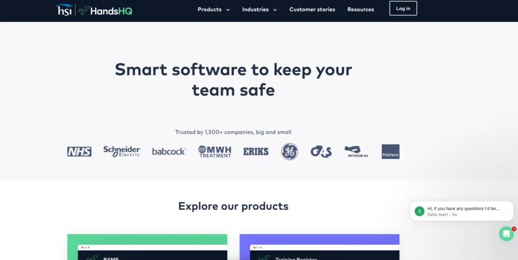 HandsHQ home page: smart software to keep your team safe, with customer logos