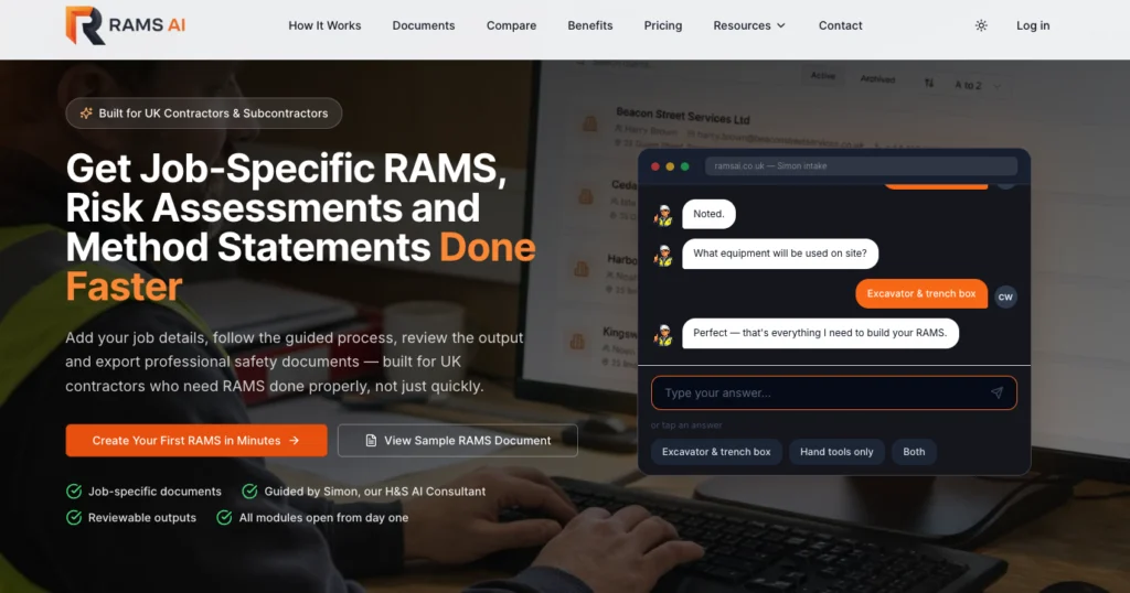 RAMS AI home page: get job-specific RAMS, risk assessments and method statements done faster, with a chat assistant