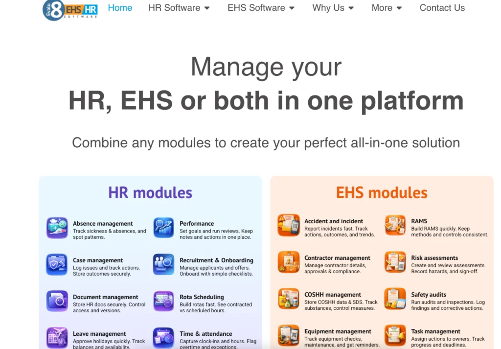 Evalu-8 home page: manage HR, EHS or both in one platform, with the HR and EHS module lists