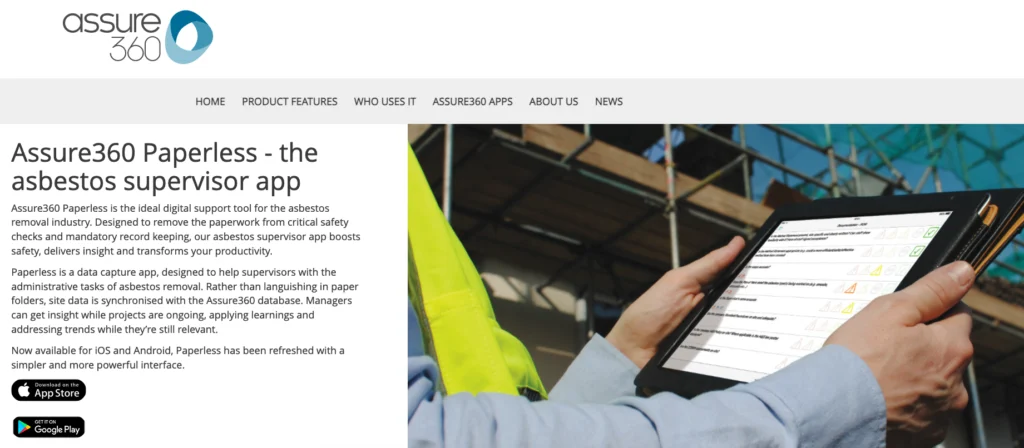 Assure360 Paperless page: the asbestos supervisor app, shown on a tablet on site