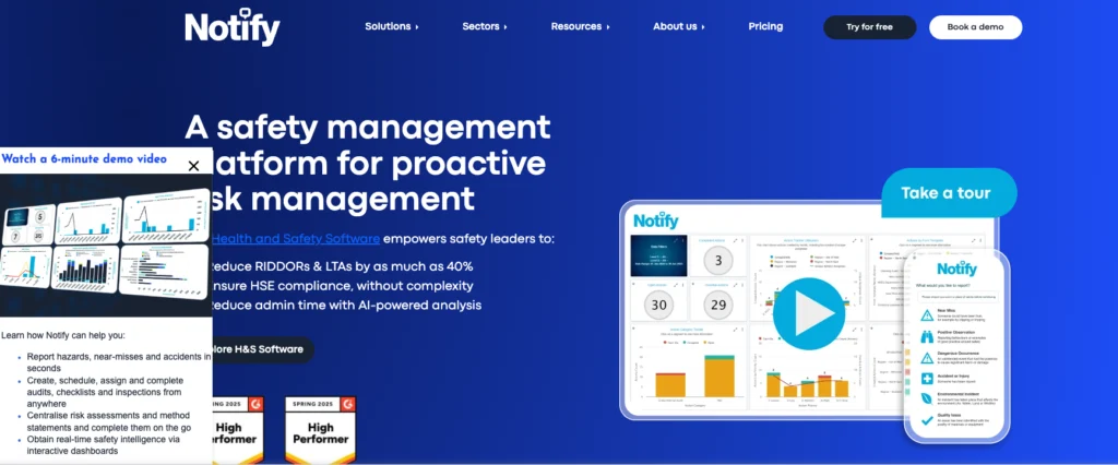 Notify Technology home page: a safety management platform for proactive risk management, with a dashboard preview