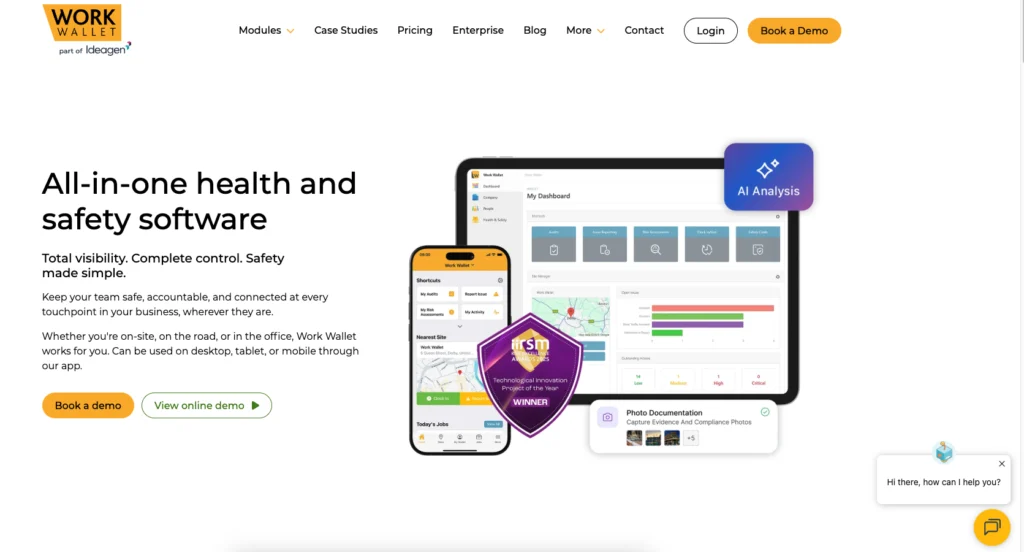 Work Wallet home page: all-in-one health and safety software, shown on a tablet and phone