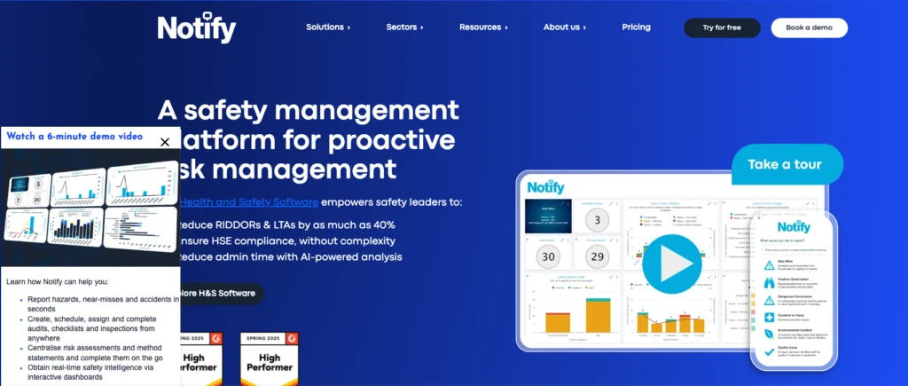 Notify Technology home page: a safety management platform for proactive risk management, with a dashboard preview