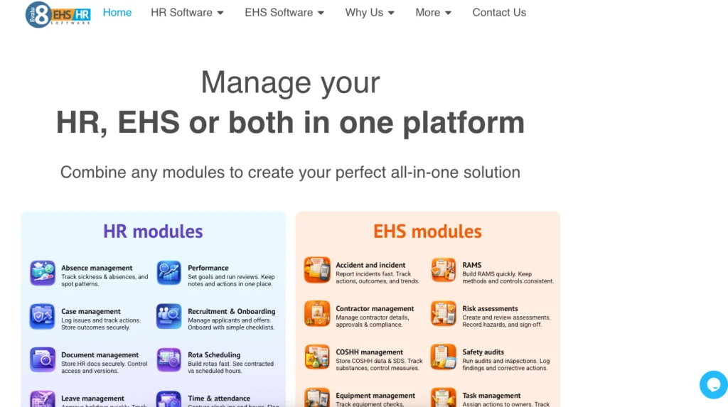 Evalu-8 home page: manage HR, EHS or both in one platform, with the HR and EHS module lists