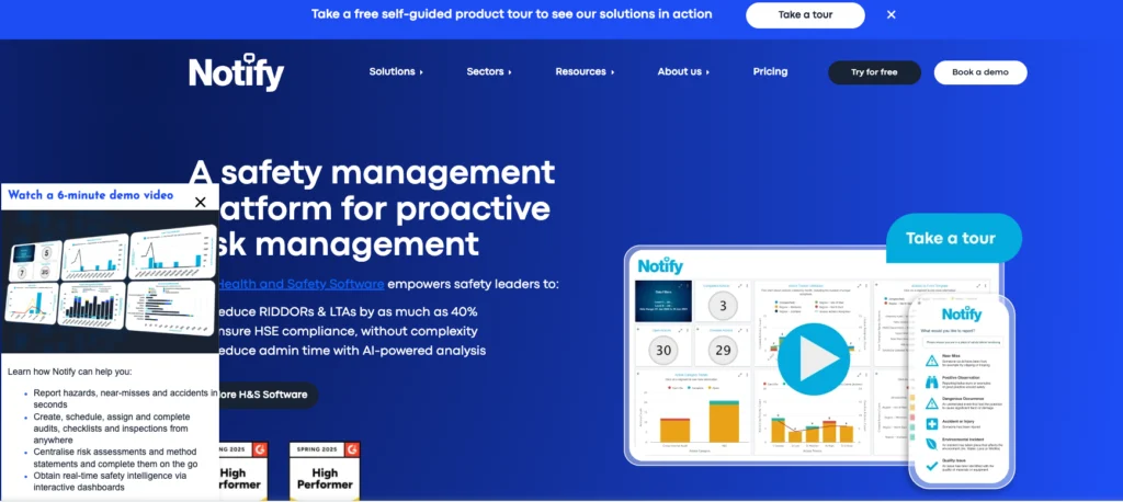 Notify Technology home page: a safety management platform for proactive risk management, with a dashboard preview