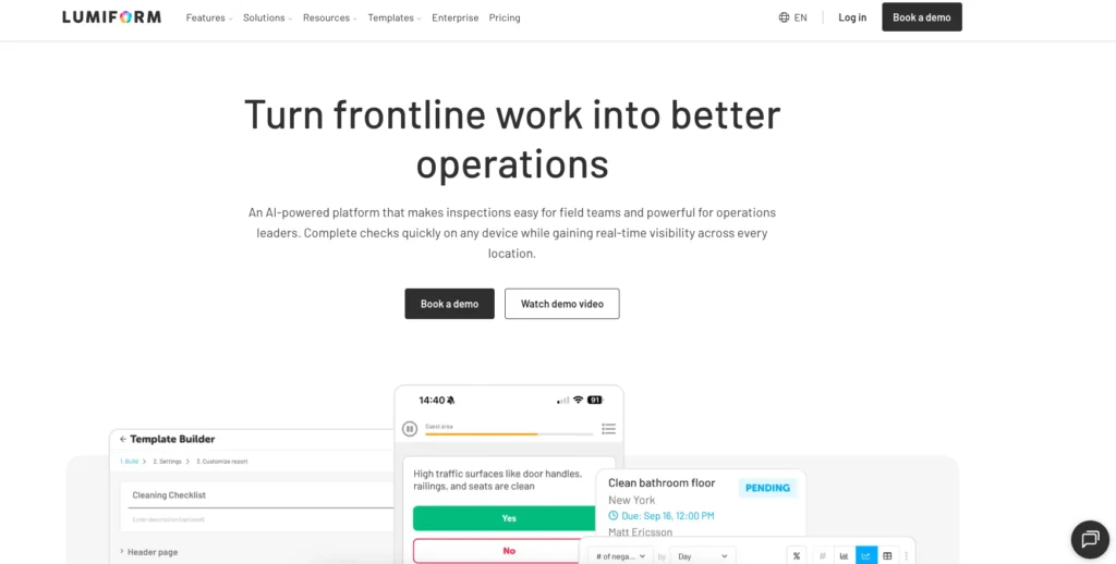 Lumiform home page: turn frontline work into better operations, with a template builder and mobile checklist
