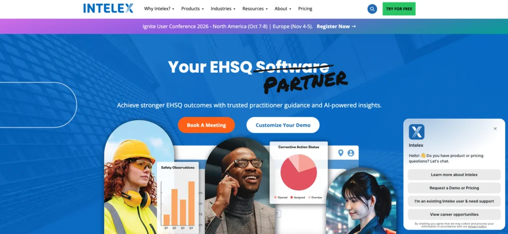 Intelex home page: your EHSQ partner, with safety observation and corrective action charts