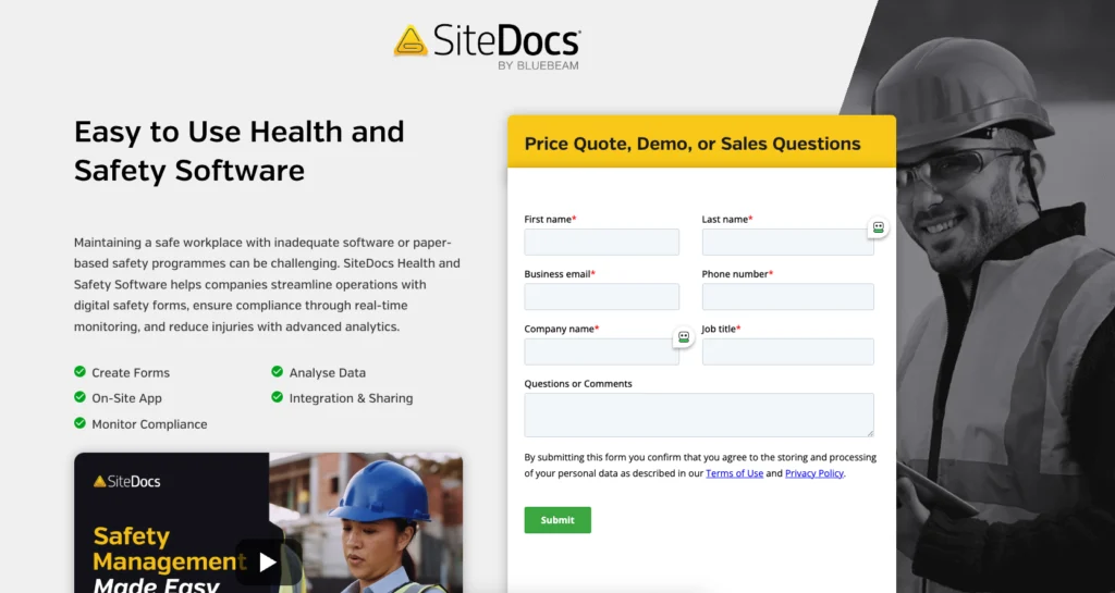 SiteDocs page: easy to use health and safety software, with a quote and demo request form