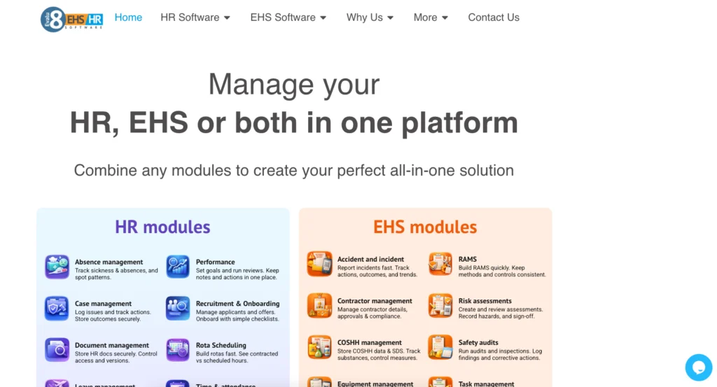 Evalu-8 home page: manage HR, EHS or both in one platform, with the HR and EHS module lists