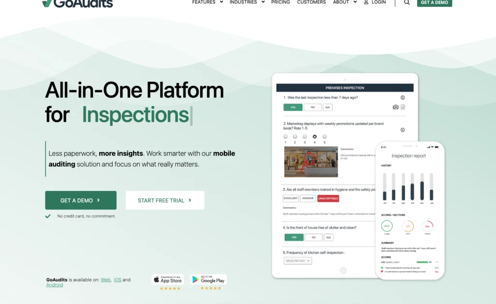 GoAudits home page: all-in-one platform for inspections, with an inspection form and report on a phone