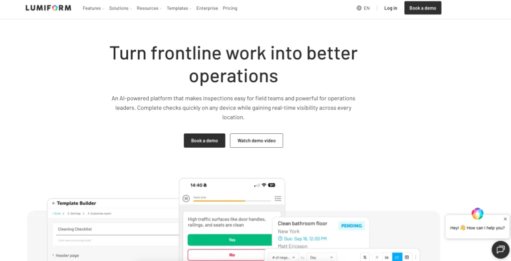 Lumiform home page: turn frontline work into better operations, with a template builder and mobile checklist