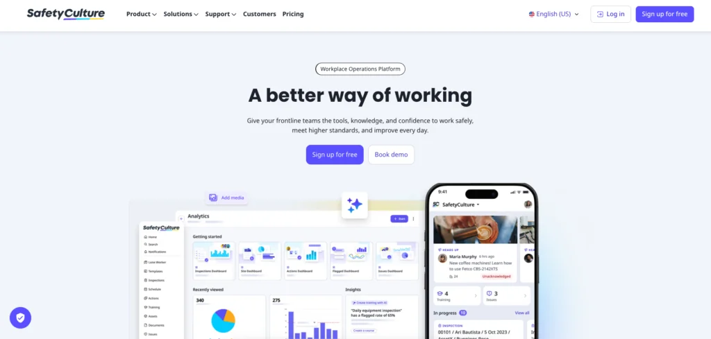SafetyCulture home page: a better way of working, with analytics and a mobile app