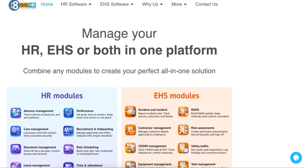 Evalu-8 home page: manage HR, EHS or both in one platform, with the HR and EHS module lists