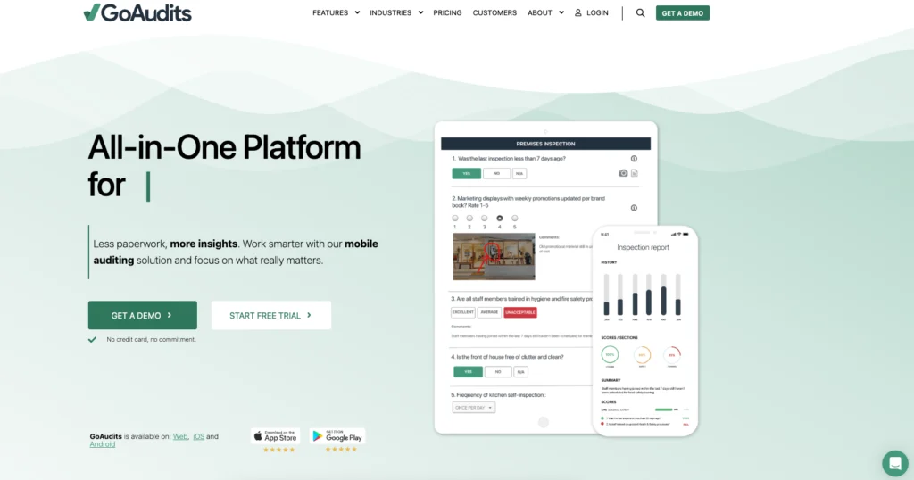 GoAudits home page: all-in-one platform, with an inspection form and report on a phone